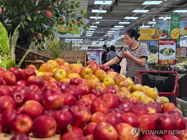 수입 과일 살펴보는 베트남 하노이 시민 [AP 연합뉴스 자료사진. 재배포 및 판매 금지]