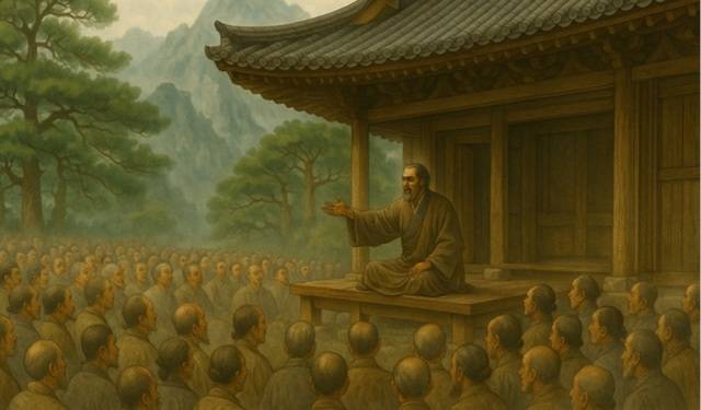 원광법사가 중국으로 유학가 불교를 공부하며 크게 깨달음을 얻어 많은 대중들 앞에서 설법하는 장면을 인공지능 AI가 그린 이미지.