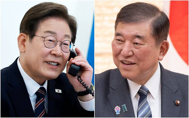 이재명 대통령이 9일 서울 용산 대통령실 청사 집무실에서 이시바 시게루 일본 총리와 통화했다./뉴시스·AFP 연합뉴스