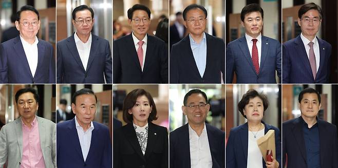 국민의힘 의원들이 9일 오전 서울 여의도 국회 원내대표실에서 4선 의원 이상 회의에 참석하고 있다. 사진 왼쪽 위부터 김도읍, 이종배, 김상훈, 윤재옥, 윤영석, 조경태, 김기현, 박덕흠, 나경원, 주호영, 조배숙, 박대출 의원.2025.06.09. 뉴시스