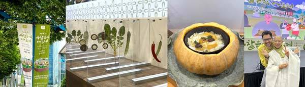 (왼쪽부터) 행사 현수막, 사찰음식의 주재료가 되는 제철 식재료, ​유화 스님의 늙은 호박 배추 물김치, 토크 콘서트를 마친 정관 스님과 파브리치오 페라리 쉐프.​/사진=최소라 인턴기자