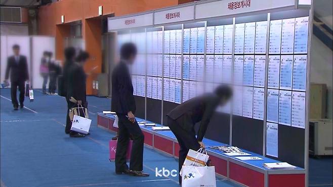 ▲ 일자리 박람회를 찾은 구직자들이 채용공고 게시물을 보고 있다