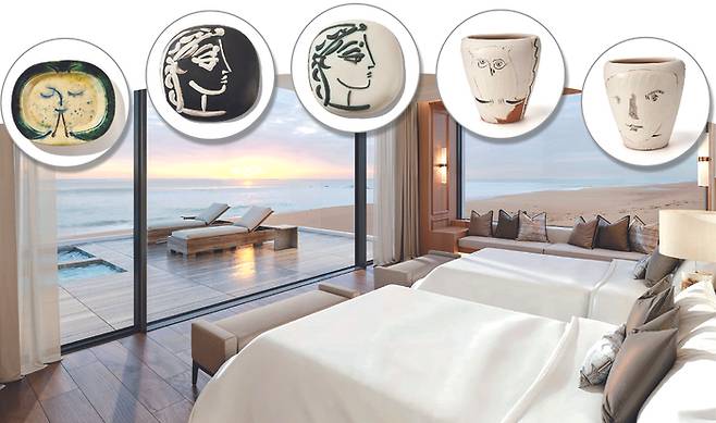 이랜드파크 그랜드 켄싱턴 설악비치 더 펜트하우스 객실 전경과 어우러진 피카소의 도예 작품. 왼쪽부터 플루트 연주자, 지클린의 옆모습(2장), 피카소 얼굴과 부엉이(2장)