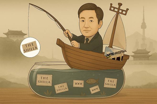 이재명 정부발 한중관계 개선에 대한 기대감이 고조되는 가운데 국민연금공단이 호텔신라 주식 78만여주를 추가 매수했다. /그래픽=김은옥 기자(챗GPT)