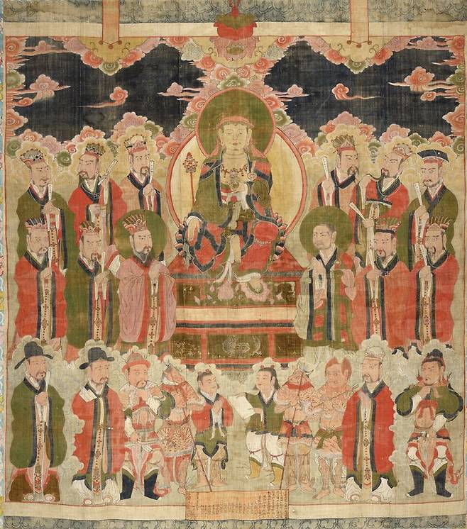 [서울=뉴시스] '지장시왕도', 영지靈芝(16세기 활동), 조선 1586년, 삼베에 색,일본 스오코쿠분지 ©周防国分寺 (사진=국립중앙박물관 제공) 2025.06.09. photo@newsis.com *재판매 및 DB 금지