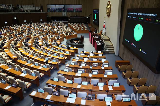 [서울=뉴시스] 조성우 기자 = 5일 오후 서울 여의도 국회에서 열린 제426회 국회(임시회) 제1차 본회의에서 순직해병수사방해및사건은폐등의진상규명을위한특별검사의임명등에관한법률안이 통과되고 있다. 2025.06.05. xconfind@newsis.com