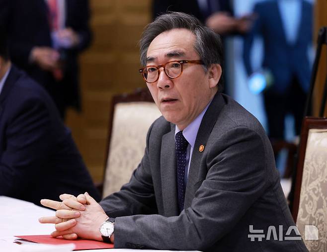 [서울=뉴시스] 고범준 기자 = 조태열 외교부 장관이 7일 서울 종로구 정부서울청사에서 열린 경제안보전략 간담회에 참석해 자리에 앉아 있다. 2025.05.07. bjko@newsis.com