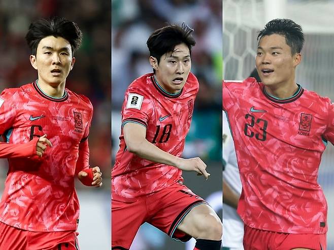 황인범, 이강인, 오현규(왼쪽부터)는 축구대표팀에서 가장 에너지가 넘치는 특급 자원들이다. ‘홍명보호’가 북중미월드컵 아시아 최종예선 기간 무패행진을 달릴 수 있었던 배경에도 이들의 역할이 상당했다. 최상의 피날레가 필요한 10일 쿠웨이트전은 적잖은 변화가 예고됐으나 팬들은 ‘믿고 보는’ 에이스들의 활약도 기대한다. 사진제공｜대한축구협회