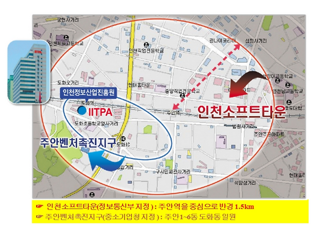 ▲&nbsp;주안벤처촉진지구는 지난 2000년 11월 중소벤처기업부에 의해 지정됐다. 주안1동부터 6동 및 도화동 일원 0.73㎢의 면적에 해당하는 지역이다. 다음은 2012년 당시 주안벤처촉진지구의 위치를 표시한 자료. /자료=인천연구원