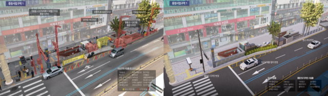 부산역 앞 보행로의 지금 모습(왼쪽)과 도시 비우기 시범사업으로 보행을 방해하는 각종 시설물을 정비하고 난 뒤의 예상 모습. 부산시 제공