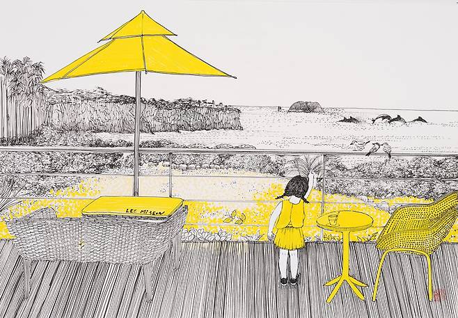 치유의정원에서 커피한잔 하실래요,&nbsp; &nbsp;51x35.5cm,&nbsp; &nbsp;종이위에 드로잉,&nbsp; &nbsp;2025 / 사진=이미선