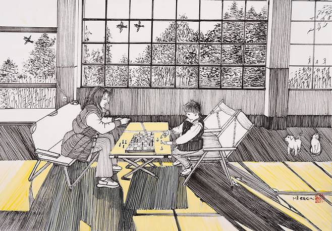 치유의정원에서 커피한잔 하실래요,&nbsp; &nbsp;51x35.5cm,&nbsp; &nbsp;종이위에 드로잉,&nbsp; &nbsp;2025 / 사진=이미선