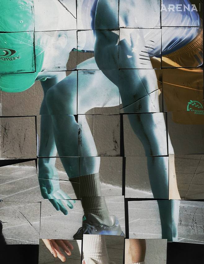 서울 마라톤 에디션 싱글렛 5만9000원·서울 마라톤 에디션 쇼츠 6만9000원·스니커즈 15만9000원 모두 아디다스, 로고 자수 캡 6만원 살로몬, 실드 선글라스 가격미정 디스트릭트 비전×포스트 아카이브 팩션, 양말 가격미정 발렌시아가 제품.