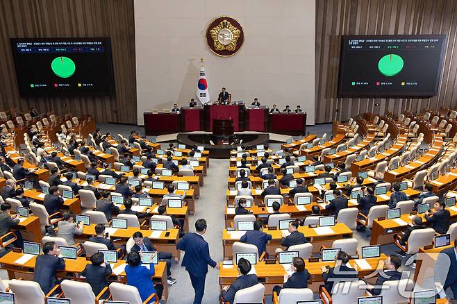 5일 오후 서울 여의도 국회 본회의에서 김건희 여사 특검법(김건희와 명태균·건진법사 관련 국정농단 및 불법 선거 개입 사건 등 진상규명을 위한 특별검사 임명 등에 관한 법률안)이 통과되고 있다. 2025.6.5/뉴스1 ⓒ News1 이재명 기자