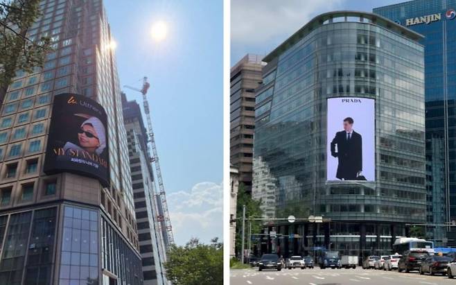 서울 영등포구 여의도 원센티널(왼쪽)과 중구 명동 권역의 케이파이낸스타워에 설치된 전광판 전경. 사진=전민경 기자