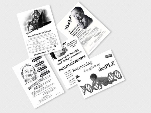 합성 에스트로겐 DES 약품의 안전성과 효능을 선전하는 제약사들의 다양한 광고. 갱년기 여성에게 젊음의 활력을 되찾아주고, 건강한 자녀 출산을 돕고, 닭과 돼지 등 가축의 산란과 번식에도 도움을 준다는 내용들이다. 'DES의 딸들' 홈페이지 블로그 diethylstilbestrol.co.uk