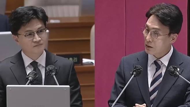 2023년 2월 8일 국회 대정부질문. 당시 한동훈 법무부 장관(왼쪽)이 답변석에 서서 김민석 의원의 질의에 응답하고 있다. (유튜브 캡처)