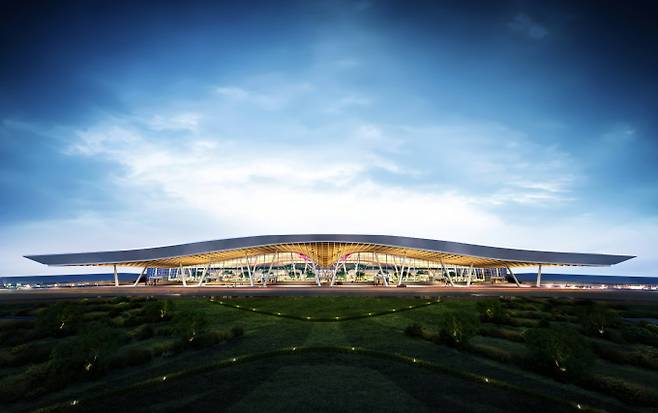 새 정부가 출범하며 국토부가 공사 조건 변경시 삼성물산과 GS건설 등 대형사가 추가로 참여할 가능성도 점쳐진다. 사진은 가덕도신공항 여객터미널 투시도. /사진=가덕도신공항건설공단