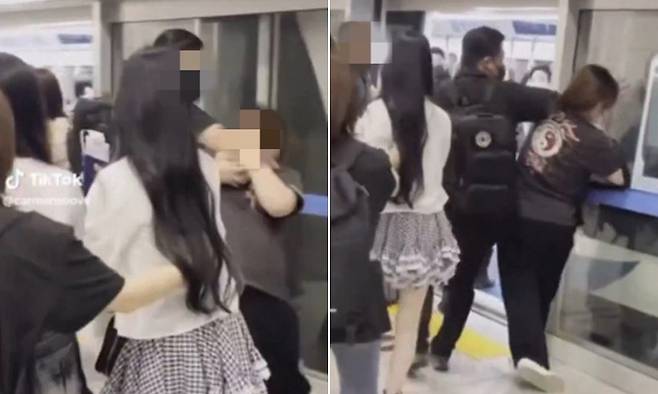 SM엔터테인먼트 소속 걸그룹의 경호원이 인천국제공항 여객터미널의 셔틀트레인에서 시민을 밀치고 위협하는 장면. SNS 캡처