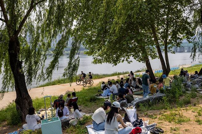 노들섬의 나무그늘에서 한강을 바라보며 피크닉을 즐기는 시민들 사진제공|서울관광재단