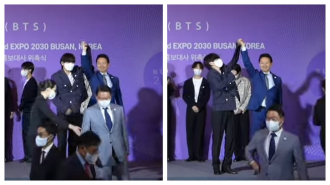 그룹 방탄소년단의 뷔(사진 왼쪽)와 장성민 전 기획관. 유튜브 ‘2030 부산세계박람회 유치위원회’ 공식 유튜브 채널 캡처.