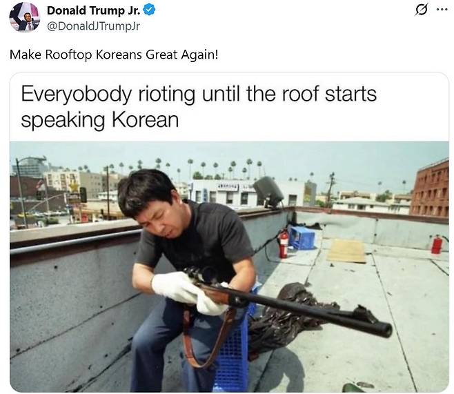 도널드 트럼프 주니어가 지난 8일 엑스에 올린 게시물 [X 게시물 캡처. 재판매 및 DB 금지]