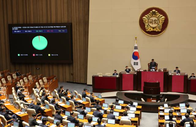 지난 5일 국회 본회의에서 김건희 특검법이 통과되고 있다. 연합뉴스