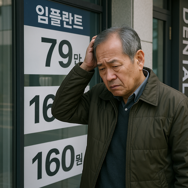 한 남성이 치과 앞 임플란트 시술비 안내판을 보고 당혹스러운 표정을 짓고 있다. 동일한 시술임에도 병원에 따라 1치당 가격이 수십만 원에서 100만 원 이상 차이나는 현실에 고령층 환자들의 혼란이 커지고 있다.<영남일보 AI 제작>