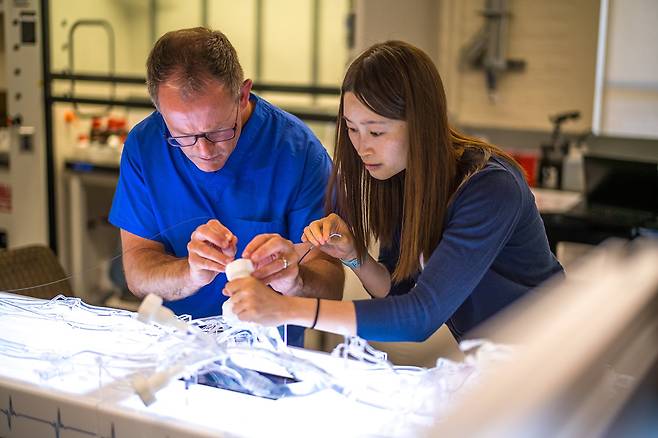 미국 스탠퍼드대 기계공학과의 자오 루이커(오른쪽) 교수와 의대 방사선과 제러미 하이트 교수가 혈관 모사 장치에서 미세 회전장치로 혈전을 제거하는 실험을 하고 있다./미 스탠퍼드대