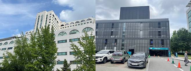 서울아산병원(왼쪽)과 병원 뒤쪽 주차동 건물. / 사진 = 정해용 기자