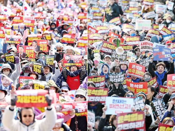 지난 3월 29일 오후 자유통일당 등 보수단체(왼쪽)와 비상행동 등 진보단체 관계자 및 시민들이 각각 서울 중구 동화면세점과 종로구 동십자각 앞에서 윤석열 전 대통령 탄핵 반대·찬성 집회를 열고 구호를 외치고 있다. 뉴스1