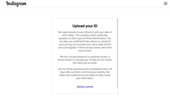 A screenshot of Instagram asking for ID [SCREEN CAPTURE]