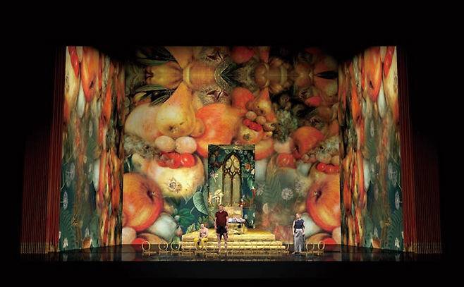 국립오페라단이 국내 초연하는 ‘세 개의 오렌지에 대한 사랑’의 무대 디자인. 과일과 채소로 인물 초상화를 그렸던 이탈리아 화가 주세페 아르침볼도의 작품에서 영감을 받았다.    국립오페라단