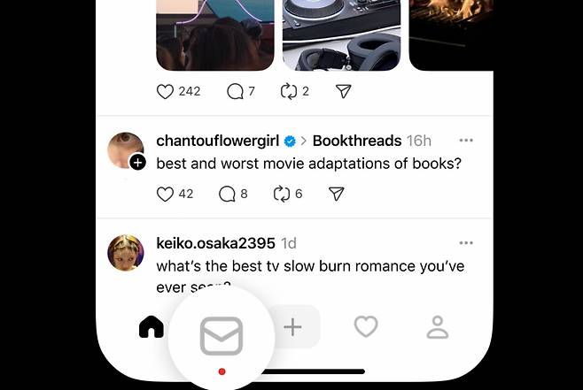 스레드 iOS 앱 화면 아래에 표시된 사용자간 메시지(DM) 아이콘./사진제공=메타플랫폼