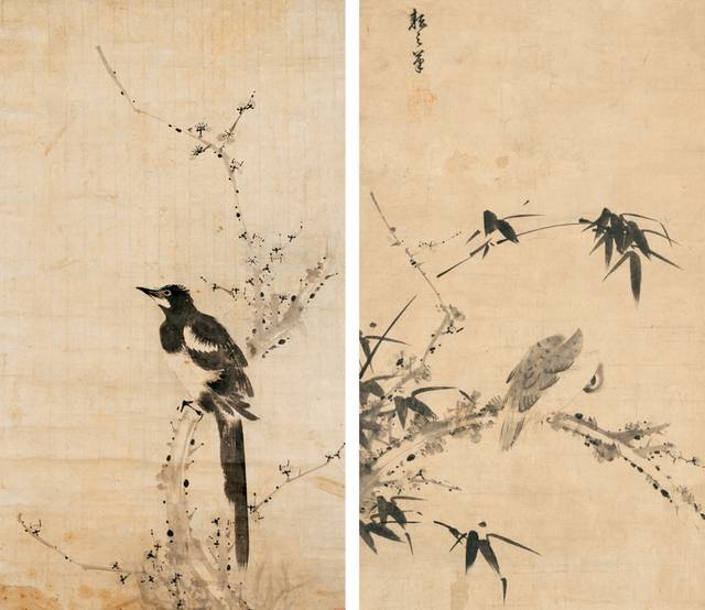 매화나무 위 새를 그린 조속의 ‘고매서작’(왼쪽)과 조지운의 ‘매상숙조’로, 부자(父子) 화가의 서로 다른 시선을 비교할 수 있다.  간송문화재단 제공