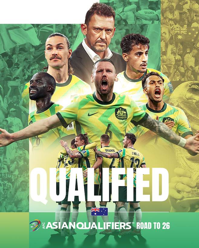 2026 국제축구연맹(FIFA) 북중미 월드컵 아시아 3차 예선을 마지막으로 통과한 호주 축구대표팀. /사진=아시아축구연맹(AFC) SNS 캡처
