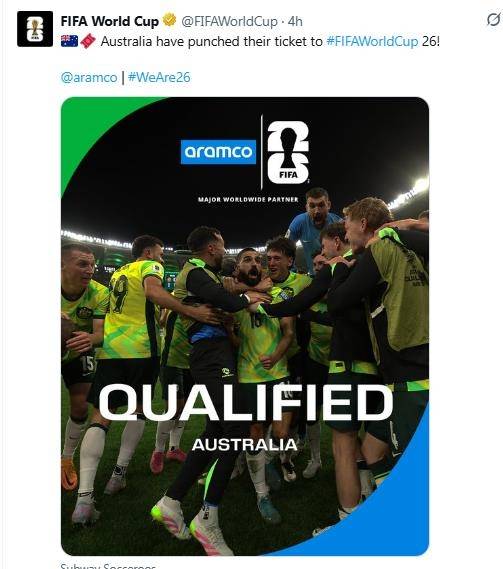 호주의 북중미 월드컵 본선 진출 소식을 전한 FIFA. [FIFA 월드컵 SNS. 재판매 및 DB 금지]