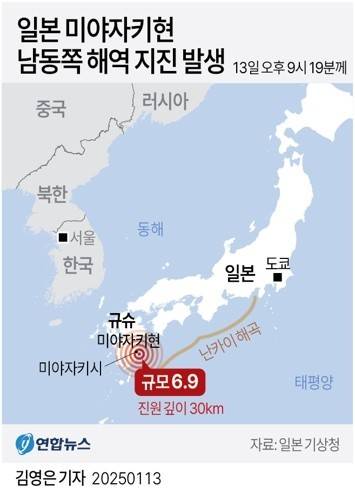 [그래픽] 일본 미야자키현 남동쪽 해역 지진 발생 (서울=연합뉴스) 올해 1월 13일 일본 규슈 동쪽 미야자키현 앞 해역인 휴가나다에서 규모 6.9의 지진이 관측됐을 때의 지도. 
    yoon2@yna.co.kr
    X(트위터) @yonhap_graphics  페이스북 tuney.kr/LeYN1