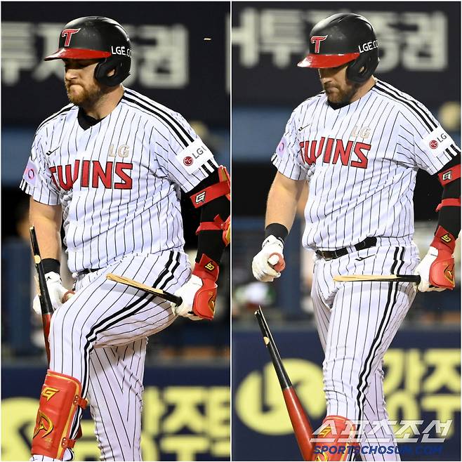 부러진 방망이를 무릎으로 부러뜨리며 분노를 표출