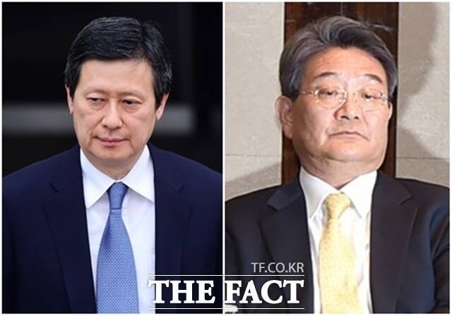 변호사 자격 없이 신동주 전 일본 롯데홀딩스 부회장(왼쪽)의 법률 사무를 한 혐의를 받는 민유성 전 산업은행장에 대한 항소심 첫 재판이 11일 열렸다. /더팩트 DB