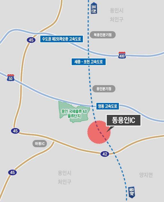 세종~포천고속도로에 신설을 추진중인 동용인IC 예정지 위치도. 용인시 제공