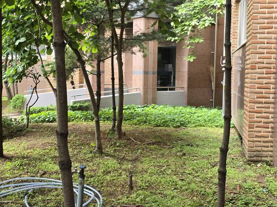 동탄 납치살인 사건 가해자와 피해자가 거주하던 경기 화성 동탄신도시의 한 아파트 현관과 화단. 손성배 기자
