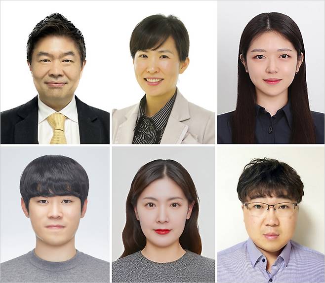 연구진 사진. 위 왼쪽부터 부산대 광메카트로닉스공학과 홍석원 교수, 한의학전문대학원 신화경 교수, 인지메카트로닉스공학과 정정화 박사과정생, 인지메카트로닉스공학과 허경화 박사과정생, 컬러변조초감각인지기술 선도연구센터 채선영 박사, 반도체특성화대학 사업단 권영우 산학협력중점교수
