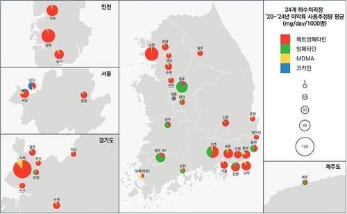 ▲ 5년간(2020~2024년) 지역별 하수처리장 마약류 사용추정량 평균.  식약처 제공