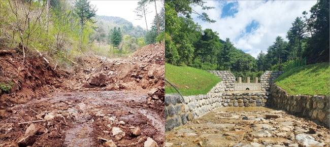 경북 봉화군 소천면 현동리 산2에 설치한 사방댐 시공 전후.  /산림청 제공