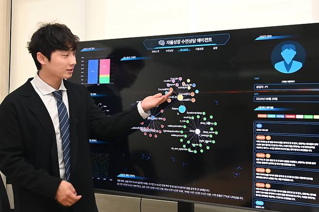 한국전자통신연구원 연구진이 자율성장형 수면상담 AI 에이전트 기술에 관해 설명하고 있다. [한국전자통신연구원 제공]