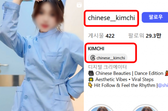 약 30만명의 팔로워를 보유한 중국 인플루언서가 자신의 인스타그램 계정 아이디를 ‘차이니즈 김치’(chinese kimchi)로 만들어 운영하고 있는 것으로 드러났다. 논란이 된 중국 인플루언서 계정 캡처