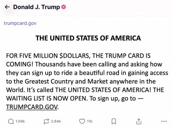 도널드 트럼프 미국 대통령이 500만 달러(약 68억원)에 영주권을 주는 ‘골드카드’ 비자 프로그램을 위한 공식 사이트를 공개하고 홍보에 나섰다. 출처=트루스소셜