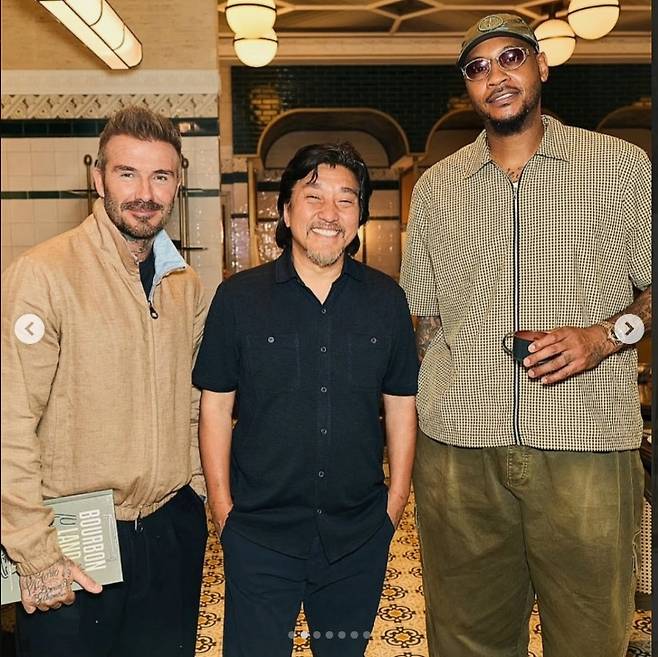 베컴(왼쪽)과 NBA 스타였던 카멜로 앤서니와 함께 포즈를 취한 에드워드. 에드워드 SNS