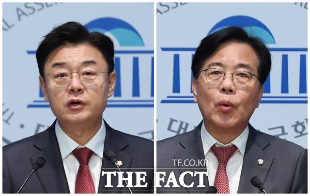 국민의힘 김성원(왼쪽·경기 동두천·양주·연천을·3선) 의원과 송언석(경북 김천·3선) 의원이 12일 국회에서 기자회견을 열고 오는 16일 치러지는 원내대표 선거 출마를 선언했다. /뉴시스